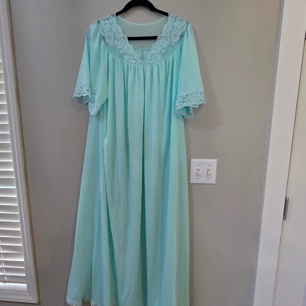 Shadowline Nightgown Women Large Aqua Blue Excellent Vintage Lace Floral Maxi